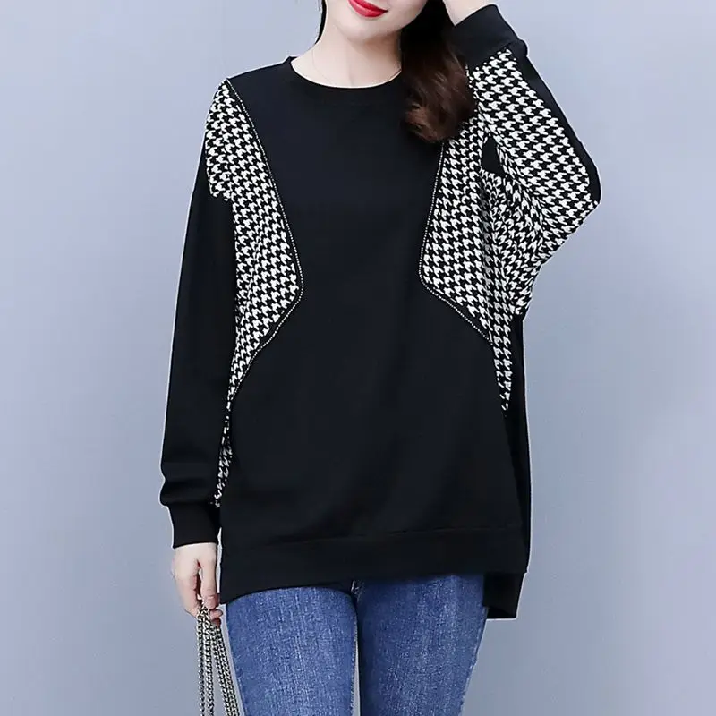 

Korean Version Thousand Bird Grid Spliced Spring Autumn New Women's O-Neck Fashion Loose Minimalist Casual Long Sleeve Sweatshir