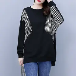 Korean Version Thousand Bird Grid Spliced Spring Autumn New Women's O-Neck Fashion Loose Minimalist Casual Long Sleeve Sweatshir