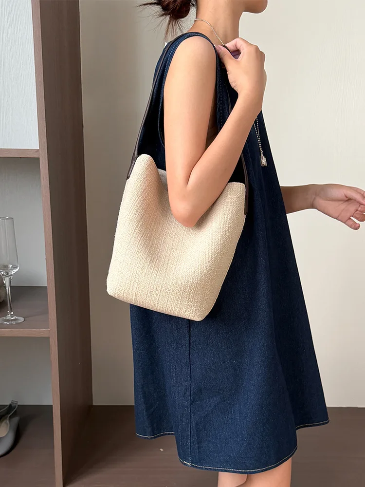 

Korean Version Cotton And Linen Bucket Bag New Simple Fashion Underarm Bag Unique Design Casual Commuter Women Shoulder Tote Bag