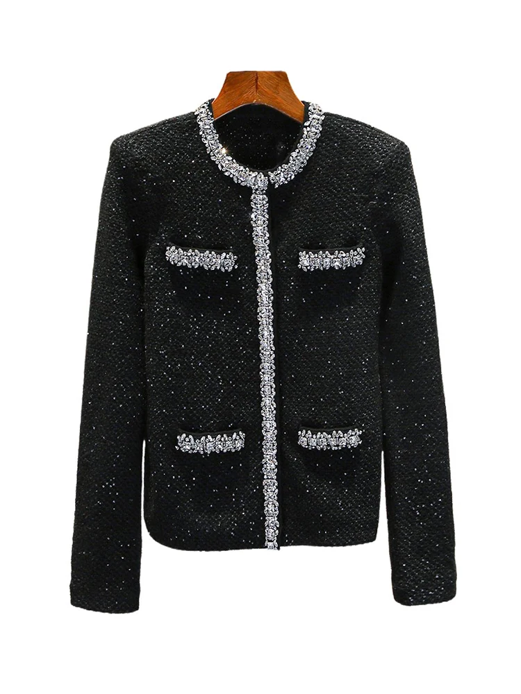 

Вязаный кардиган Bla Bead Embellied Diamond, пальто Hepburn Sle, женское высококачественное пальто свободного покроя, длинное свековое круглое Ne