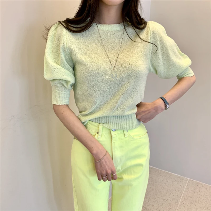 REALEFT Summer Hollow Out Knited Women's T-Shirts 2024 New Solid Short Sleeve O-Neck Korean Knitwear Tops Shirt Female