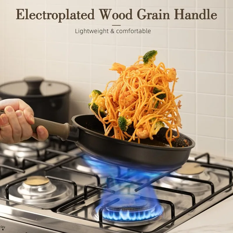 طقم أواني ومقالي مكون من 19 قطعة غير لاصق، أطقم أواني طهي المطبخ التعريفي من التيتانيوم الأسود، غير سامة صحية وغير لاصقة #5