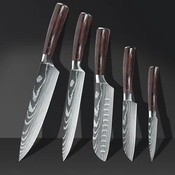 5pcs High Quality Chef Knife 7CR17 High Carbon Stainless Steel Japanese Series Damascus laser pattern Sharp Blade Kitchen Knife