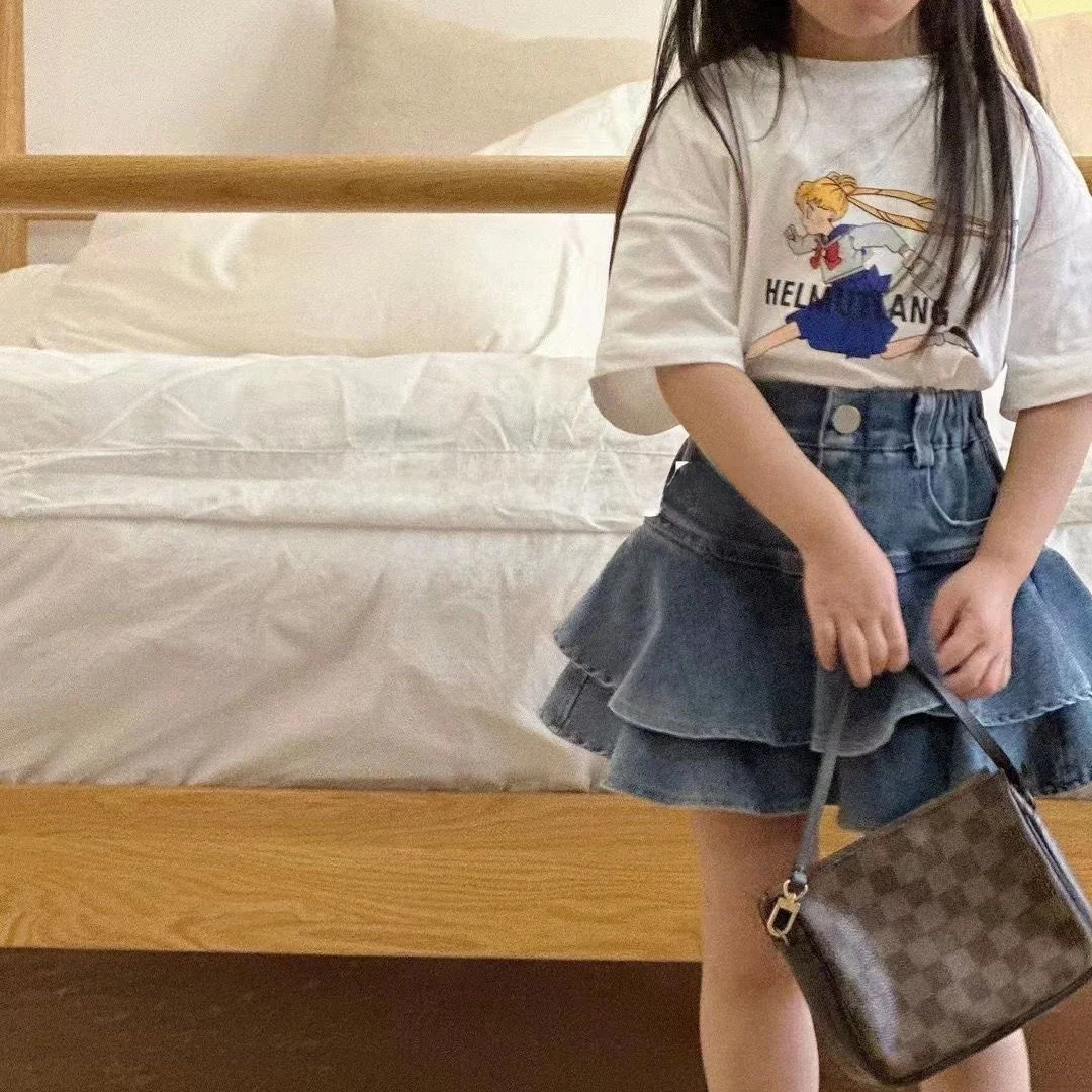 Conjunto de Saia Jeans e Camiseta para Meninas, Saia Curta em Camadas, Moda de Verão Infantil, Anti-Transparência, para Menin...