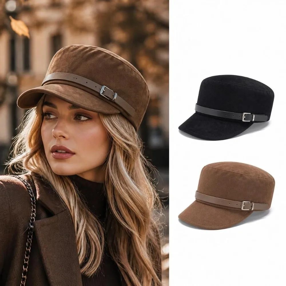 Vintage Soft Faux Suede Newsboy Cap Leather Belt Buckle Adjustable Visor Cap Octagonal Hat Autumn Winter