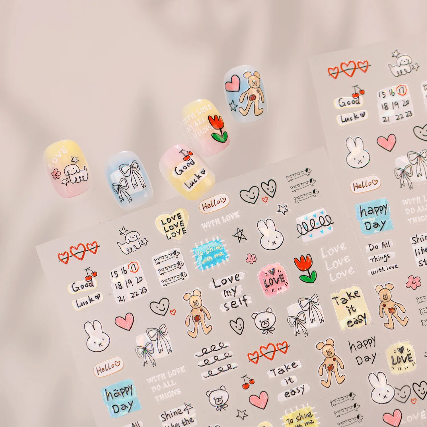Cute Cartoon Bear Rabbit Nail Stickers Sweet Bow Heart Tulip Letter Nail Decals Kawaii Hand Drawn Animal DIY Manicure Supplies