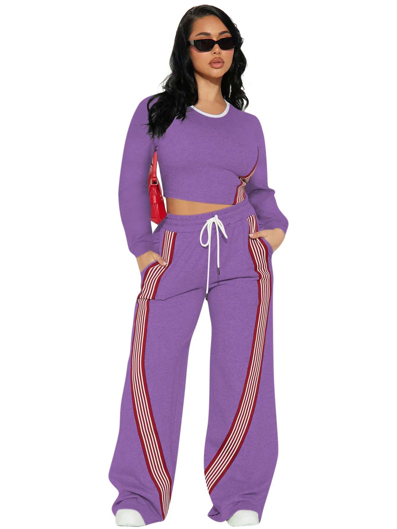 ชุดเซ็ทเสื้อยืดแขนยาวลำลองแฟชั่นผู้หญิงและกางเกงกีฬาลายทาง ชุดวอร์มสองชิ้น ฤดูใบไม้ร่วง ฤดูหนาว 2025