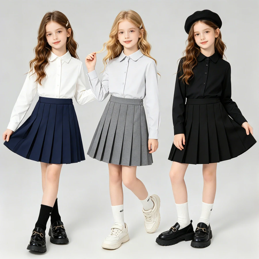 Girl Elastic High Waist Midi Pleated Skirt Multi Color School Uniform Bottoms Kids Student Daily Casual School Performance Skirt