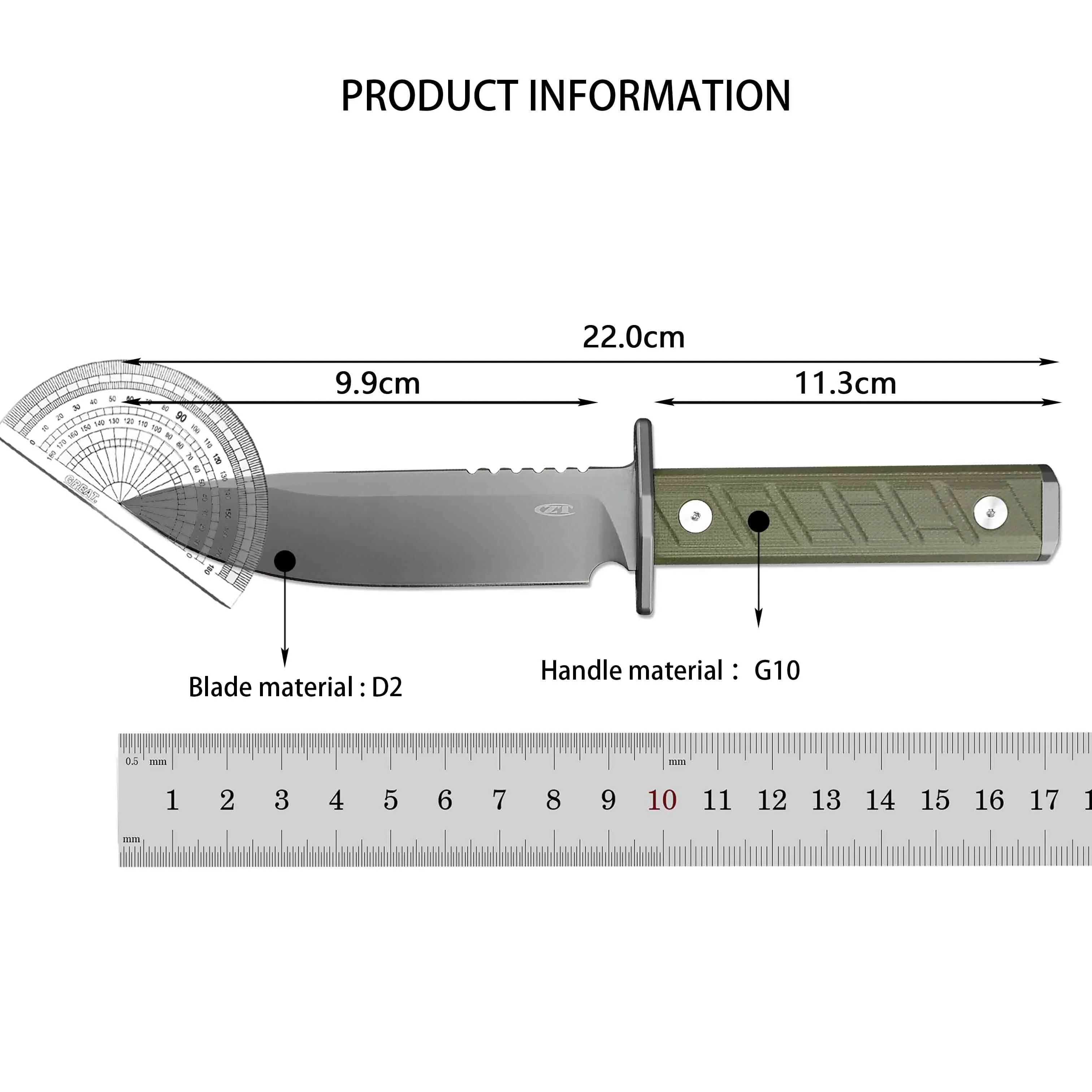 ZT0006 Fixed blade Straight knife Outdoor Tactical Hunting Knife EDC Camping Self-defense Knife D2 Blade G10 Handle with Kydex