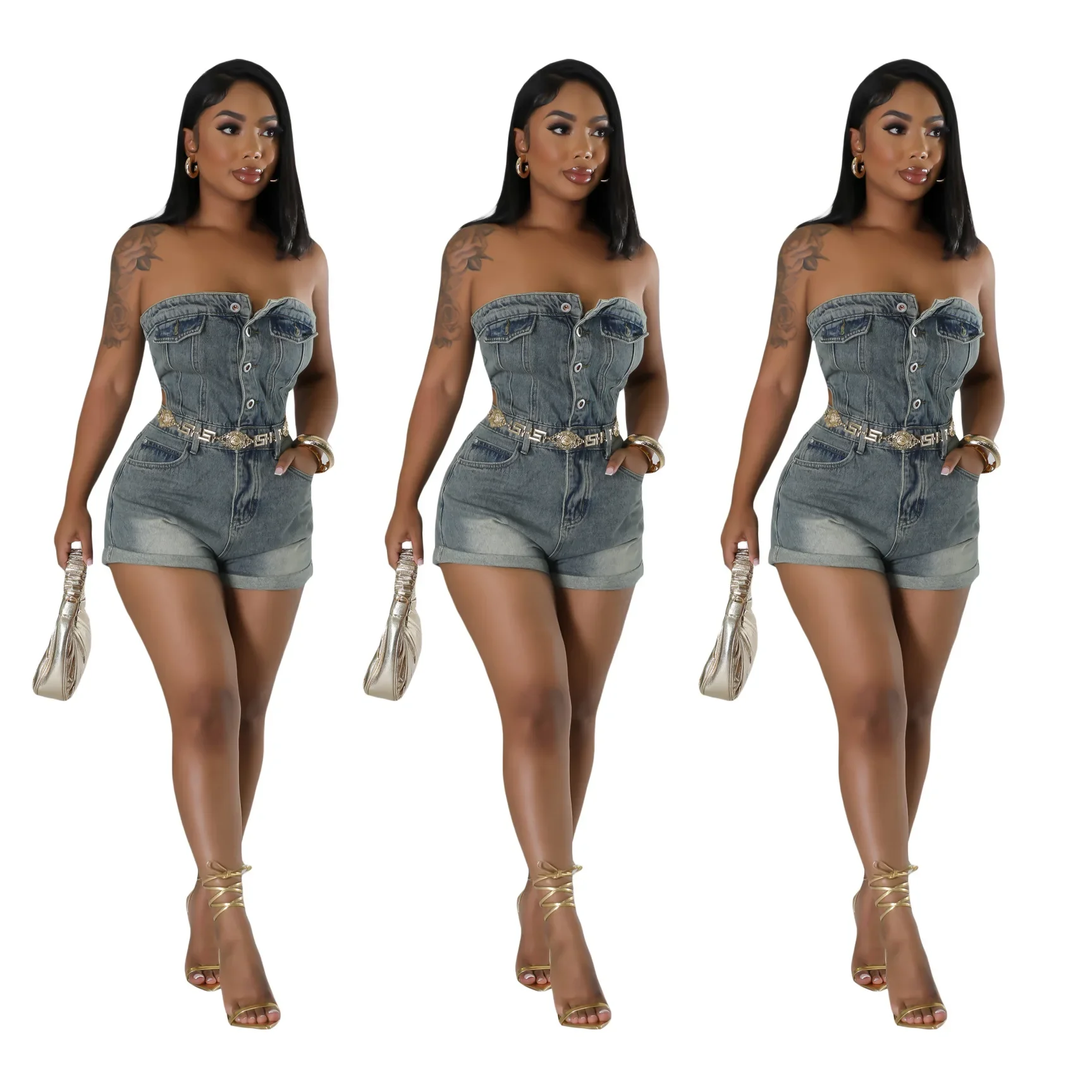 New Style Casual Fashion Tube Top Women's Slim Fit Single-breasted Denim Jumpsuit Shorts Rompers Womens Jumpsuit