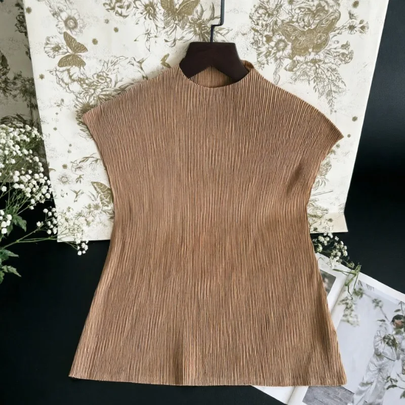  Pleated Classic Solid Color T-Shirt Summer Simple Casual Fashion Sleeveless Vest Women Lightweight Stretchy Top Clothing