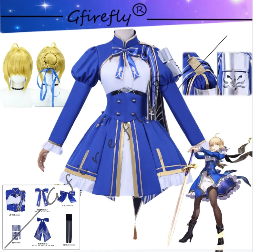 

Fate Grand Order HONKAI: STAR RAIL Saber Cosplay Costume Blue Dress Bow Accessory Wig Halloween Party Performance Costume