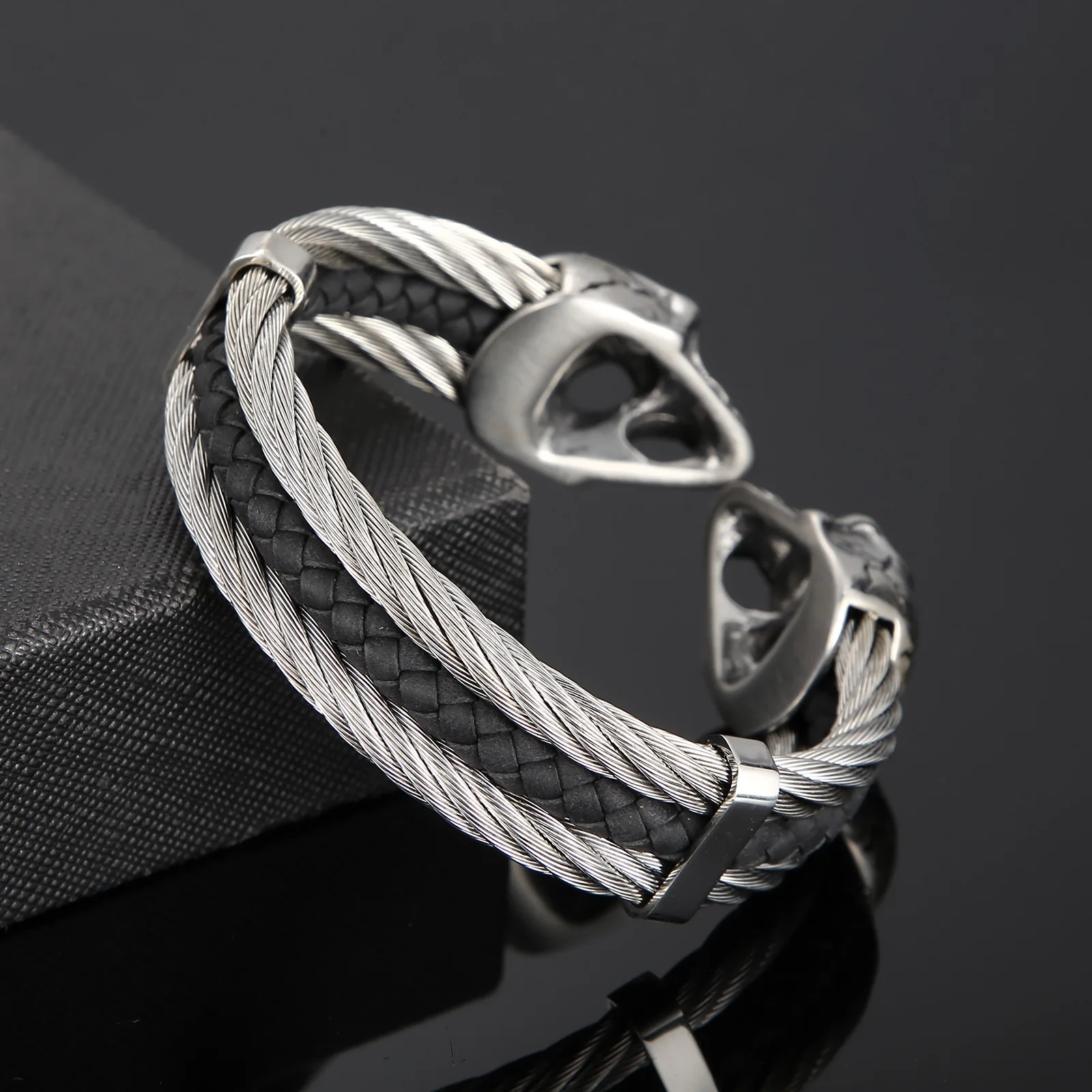 Three Layers Skull Bangle Men Stainless Steel Cowhide Punk Jewelry