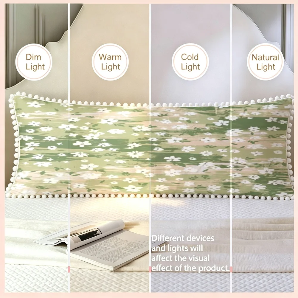 1PC Grey Green Background with White Small Wildflowers, Natural American Vintage Floral Long Pillow Cover with Pom Pom Trim