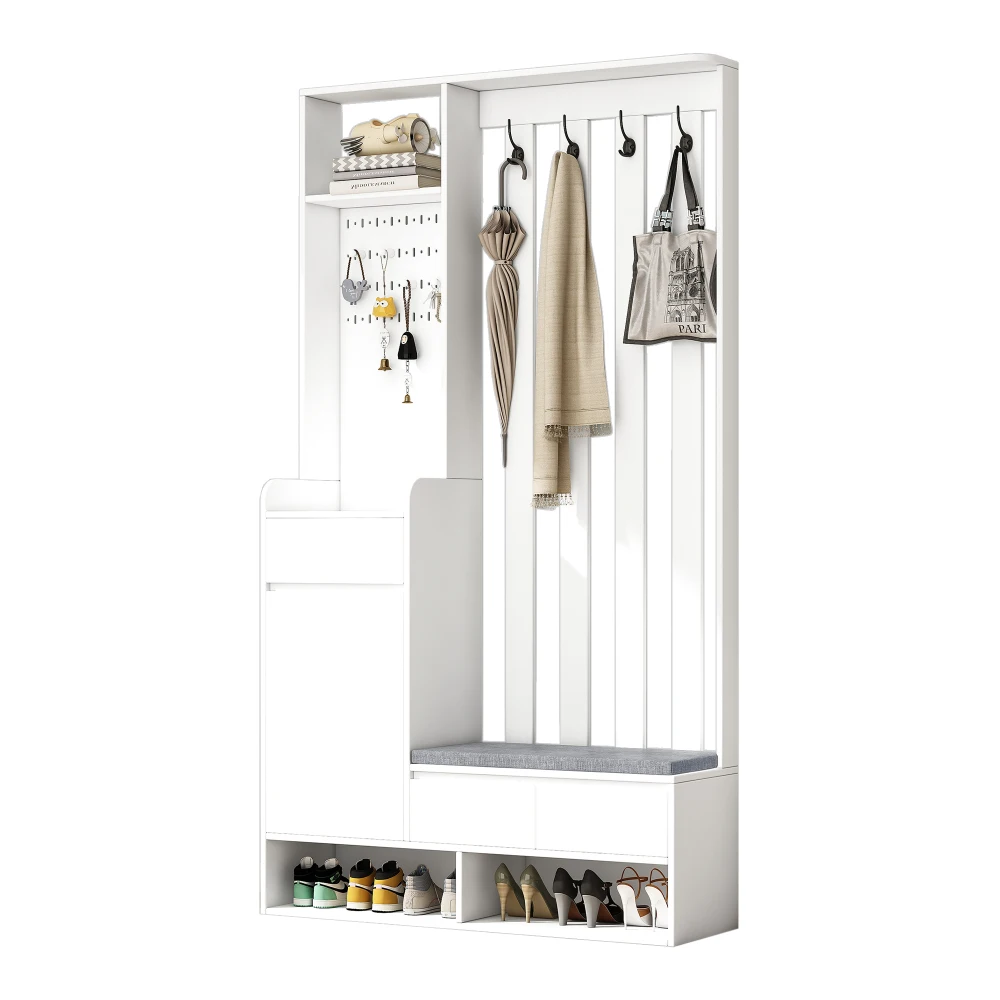 PINGGO Flur-Garderobe mit weicher Polsterung, langer Aufbewahrungsbank, multifunktionaler Schuhschrank für den Eingangsbereich, modernes Design, Plug-in-Schreibtisch – Detail 14