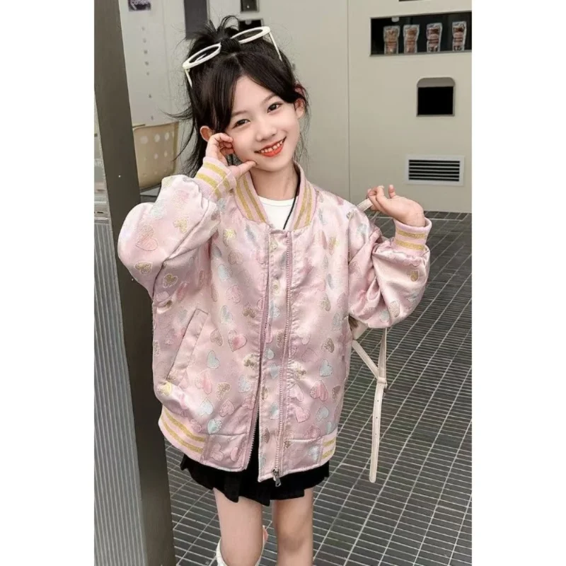 Girls Baseball Coat Children's Love Jacket Spring Sweet Fashion Outerwear Autumn Kids Zipper Punch 2025 New Clothes