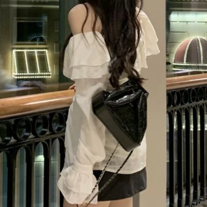 Ruffles Shirts Women Flare Sleeve Simple Fashion Slash Neck Ulzzang Solid Spring All-match Slim Casual Streetwear Cozy Female