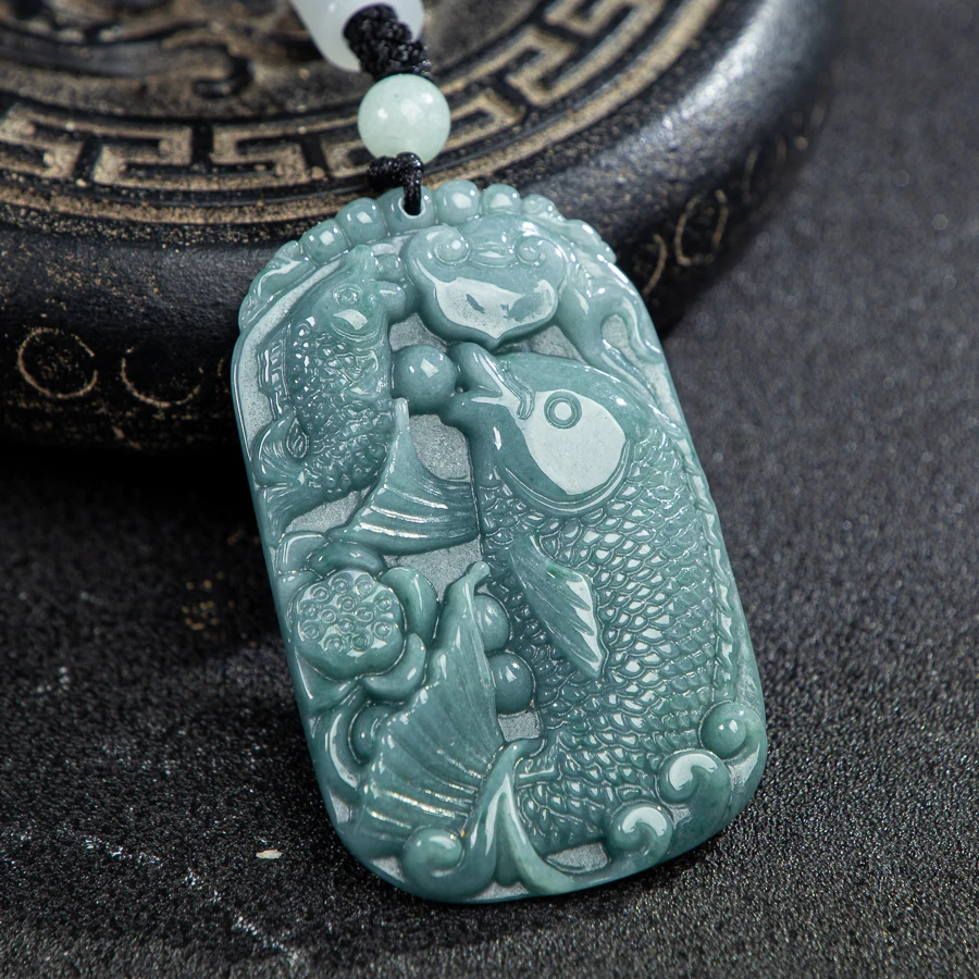 

TIMESWIND Blue Natural A-type Jade wealth Fish Lotus Pod Ruyi men Necklace with Certificate
