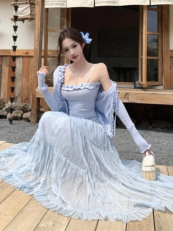 

Blue Beach Vacation Set Women's Long Sleeve Sunscreen Open Cardigan Strap High Waist A-Line Skirt Casual Summer Fashion Set
