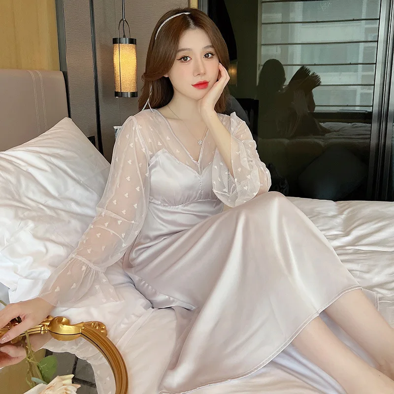 Spring Nightwear Nightdress Female Long Nightdress Sexy Patchwork Perspective Lace Sleeve Sleepwear Bathrobe Casual Home Dress