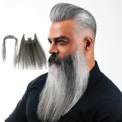 Fake Beard Human Hair Full Hand Tied Facial Hair Black Goatee False Beards Lace Invisible Mustache Black Mixed White Color
