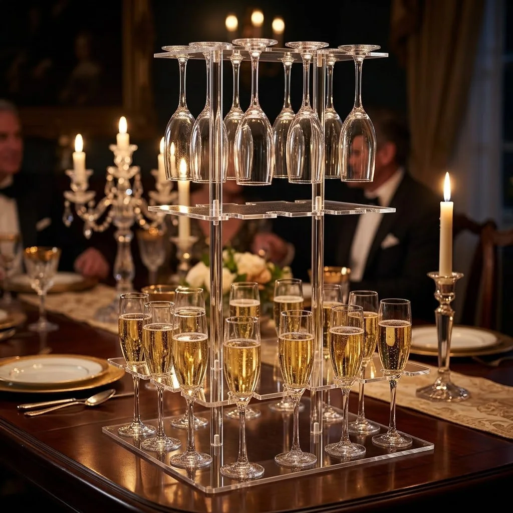 

3-Tier Clear Acrylic Champagne Tower Stand - 32-Cup Capacity Cocktail Glass Display Rack - Elegant Stemware Holder for Weddings,