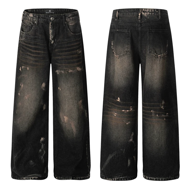 

Niche Design Men's Denim Trousers Graffiti Contrast Color Washing Trendy Straight All-match Wide Leg Male Jeans Chic