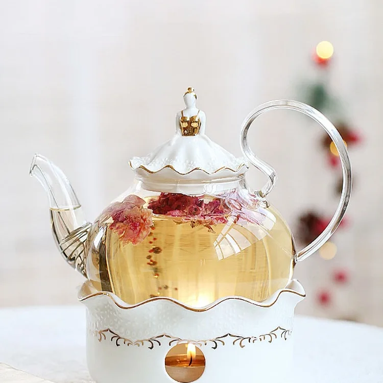 

English flower teapot set, tea stove candle heating base, fruit glass teapot afternoon tea set
