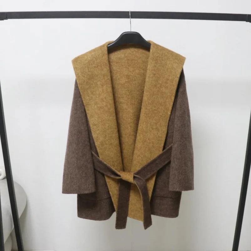 

Women's Autumn Winter Wool Clor Contrasted Hooded Coat With Sashes Lady Streetwear Elegant Long Sleeve Loose Wool Outwear