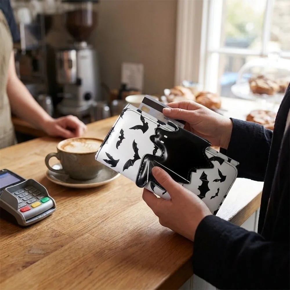 Multi-Functional Bat Ghost Print Wallet Large Capacity Buckle Design Foldable Coin Purse Long Strap Portable
