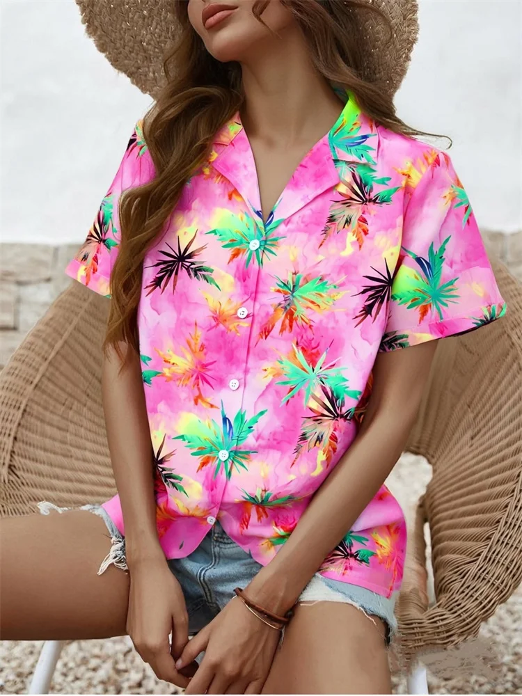 เสื้อเชิ้ตแขนสั้นผู้หญิงใหม่ปี 2025 พิมพ์ลาย Palm Tree Silhouette เป็นลุควันหยุดฤดูร้อนที่ทันสมัยและลําลอง