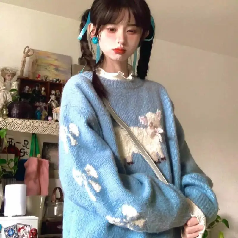 

Soft blue round neck short sweater women's tops loose winter lazy style sweater for Women Hot Style Loose Winter Lazy Set