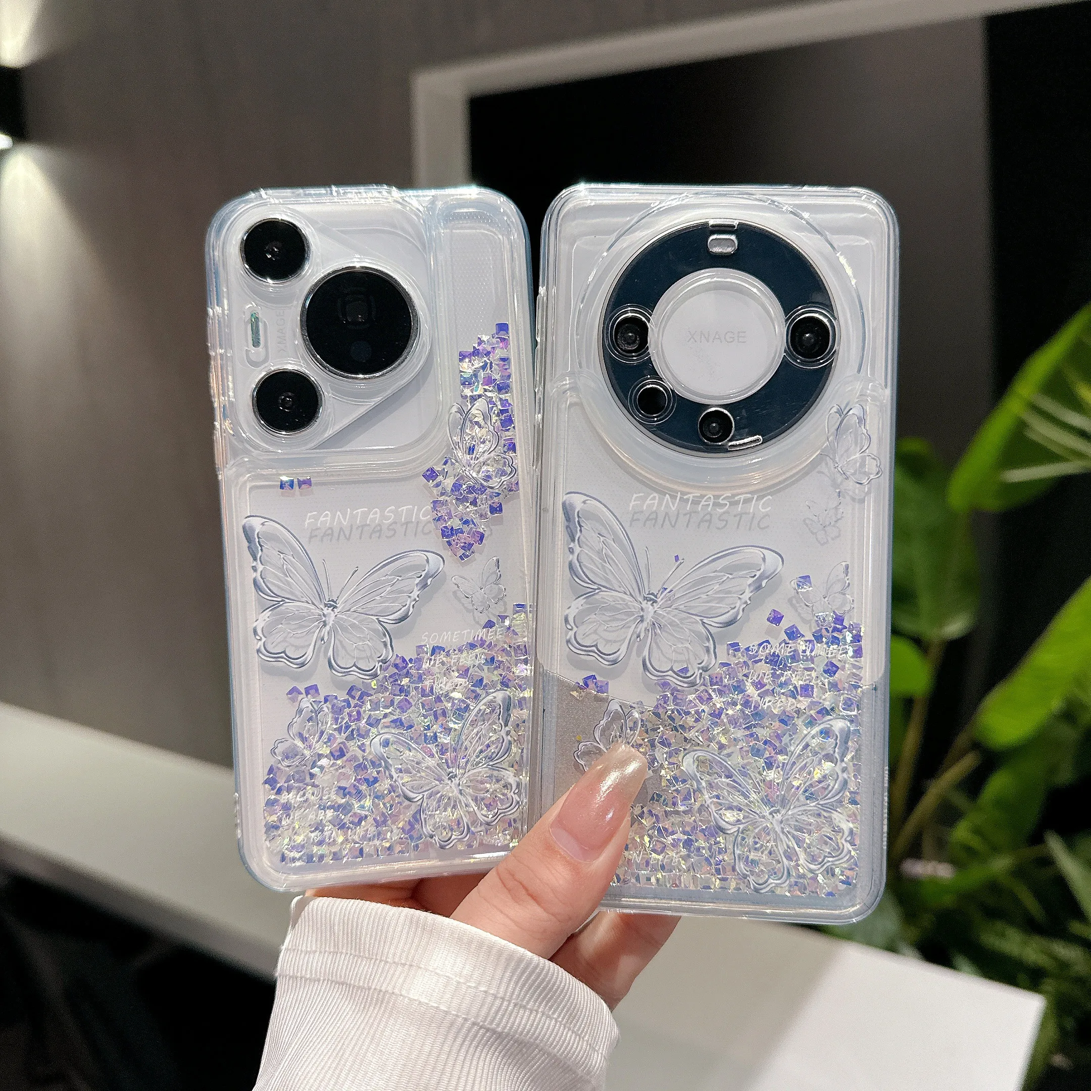 

Shockproof Clear Glitter Quicksand Case for Huawei Pura 70 Pro P60 Mate 60, Transparent Butterfly Bling Sequins Soft Phone Cover