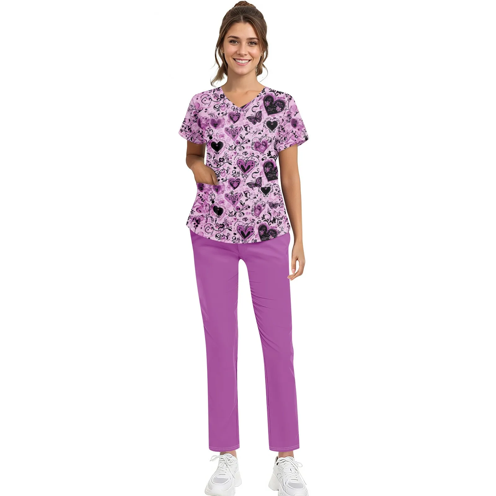 

Women's Nurse Uniform Printed V-Neck Short Sleeve Pockets Tops Solid Drawstring Waist Straight Pants Scrub Working Uniform Set