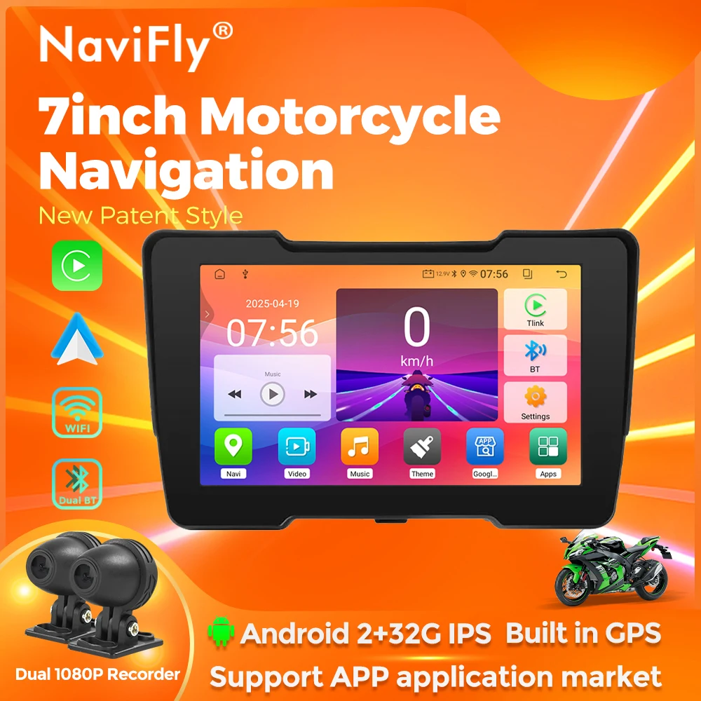 

NaviFly 7 inch 2G+32G Motorcycle Portable Carplay Wireless Android Auto Dual DVR Support Youtube Netflix GooglePlay