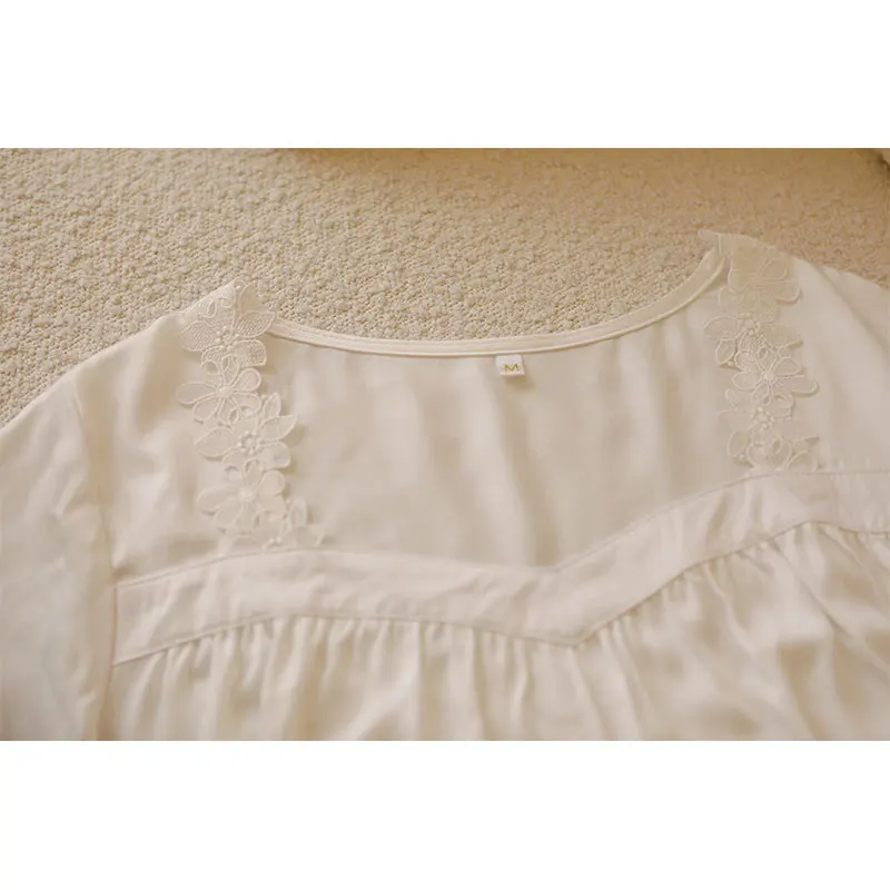 قصر الربيع نمط الساتان الأبيض ثوب النوم الرغبة الفرنسية الحلو بسيط طويل قصير الأكمام فستان النوم ساحة طوق ملابس خاصة #4