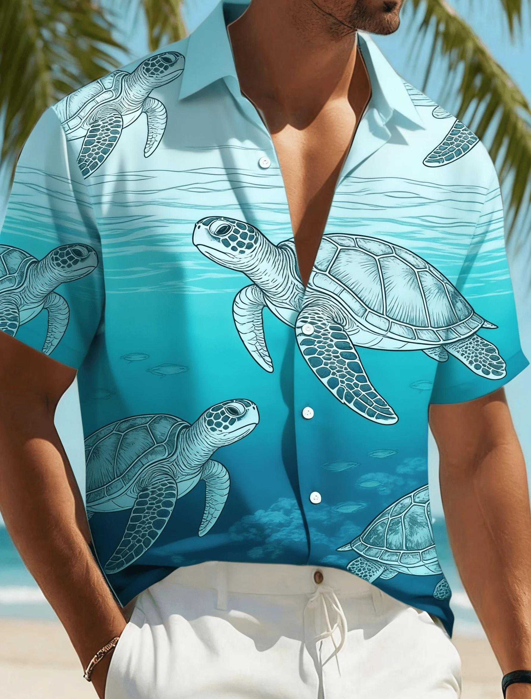 

Men's Spring Summer Hawaiian Shirt, Underwater Sea Pattern Short Sleeve Shirt, Casual Beach Button Down for Daily Vacation