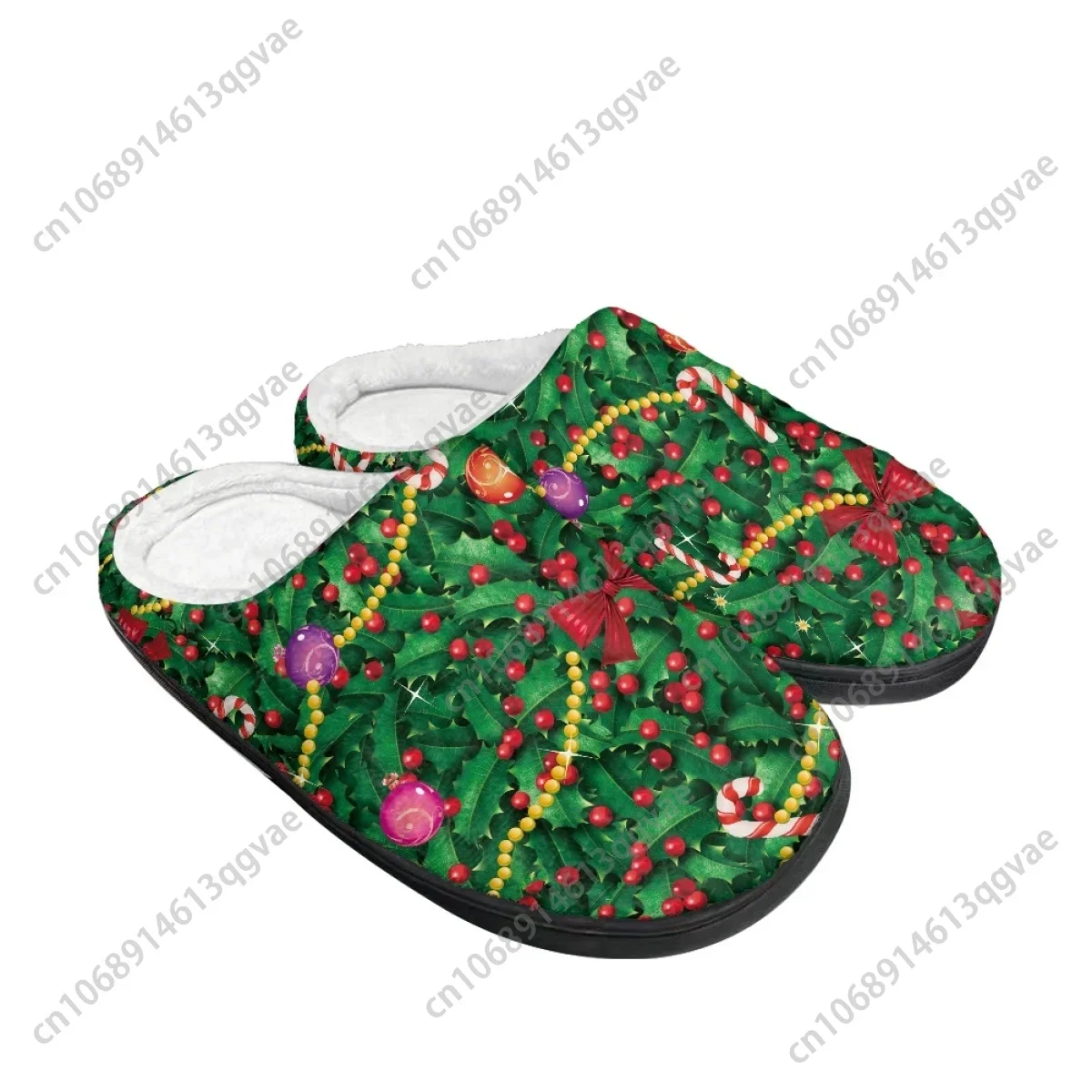 Christmas Green Tree Christmas Balls Pattern Home Cotton Slippers Mens Womens Teenager Plush Bedroom Keep Warm Custom Slipper