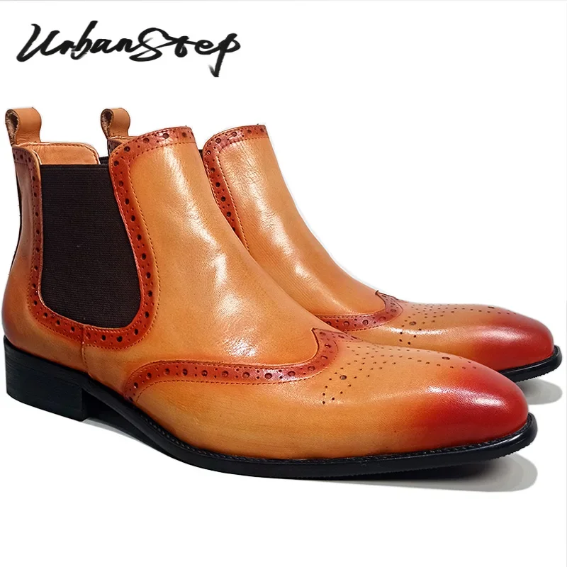 LUXURY MEN'S CHELSEA BOOTS SHOES BLUE BROWN WINGTIP SLIP ON ANKLE BOOTS CASUAL MEN DRESS SHOES GENUINE LEATHER BOOTS MEN