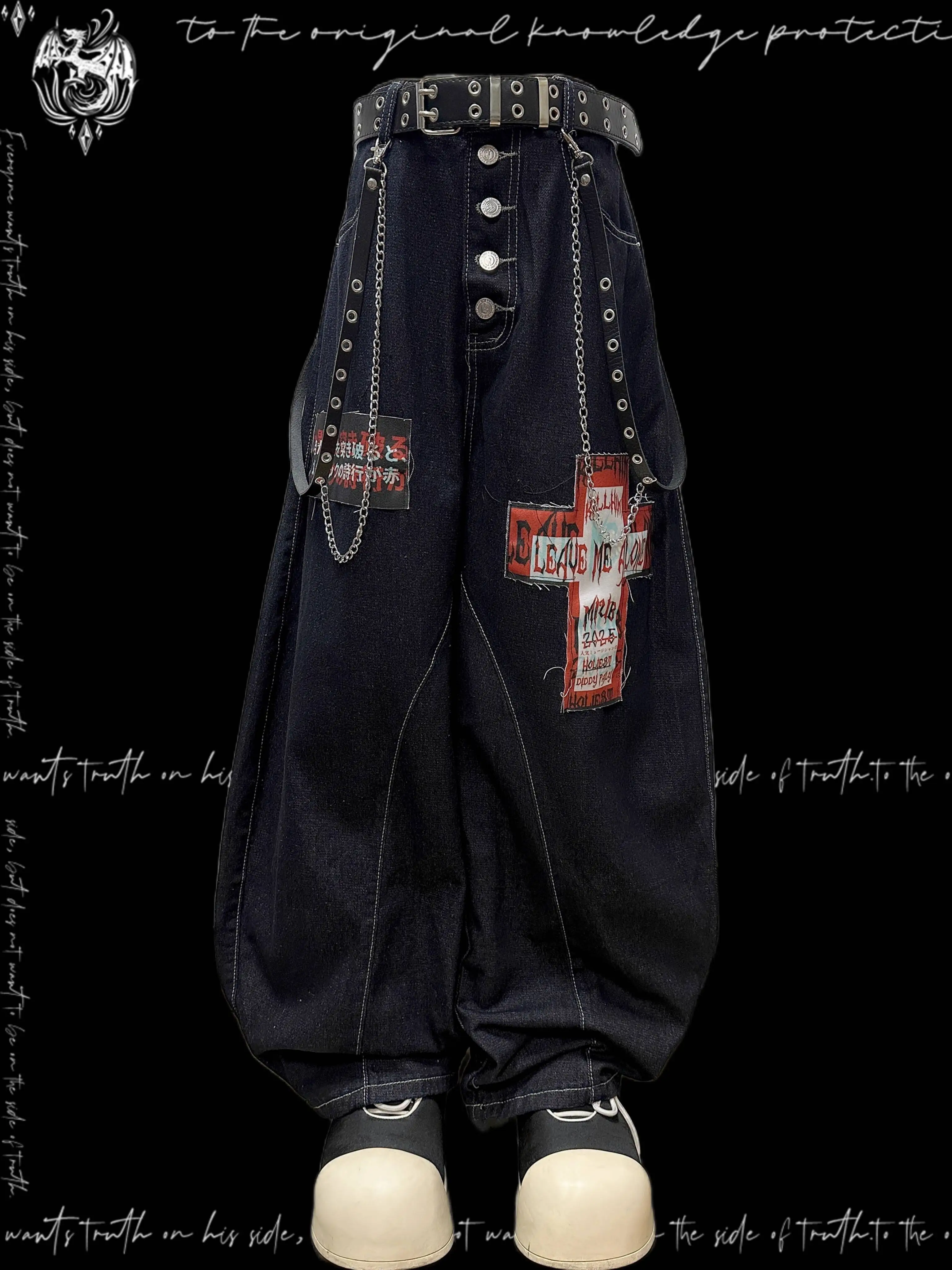 Unisex Original Weiya Patch Raw Denim Jeans American Dark Loose Wide Leg  Pants with Contrast Stitch Summer Style