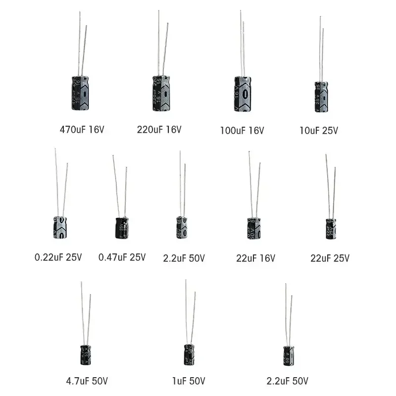 일반적으로 사용되는 500개 인라인 전해 콘덴서 팩 키트 24개 모델 0.1uF-1000uF 16V-50V