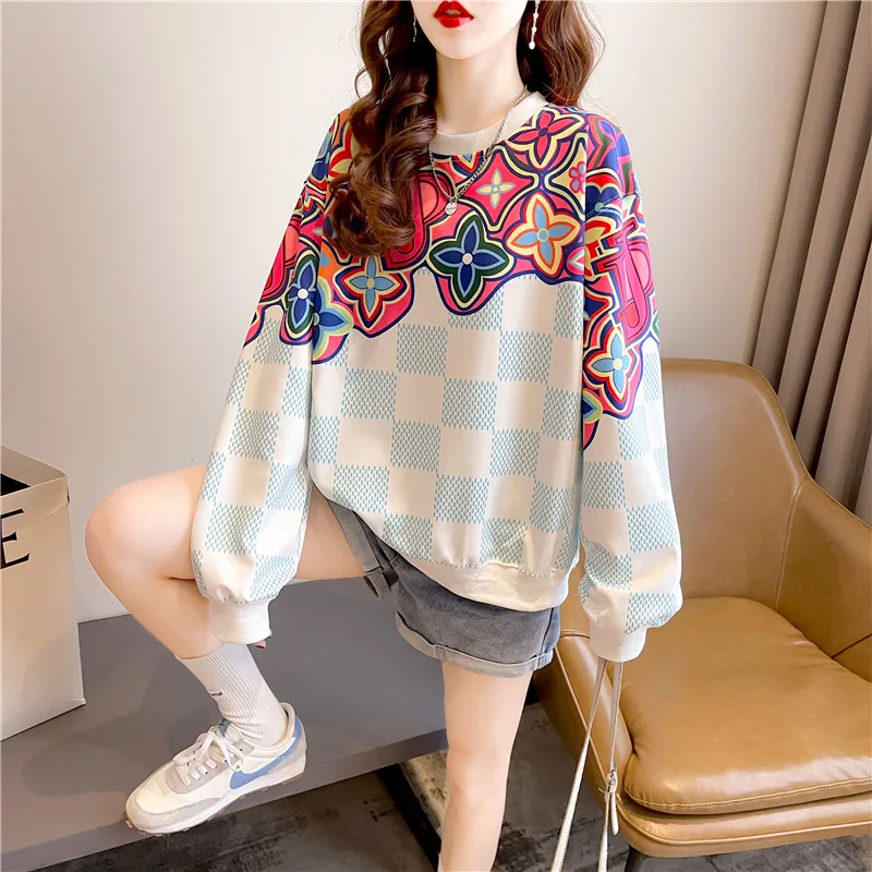 

CNACNOO Women Cotton Street Sports Top Anime Pattern Plaid Sweatshirt Neck Long Sleeves Women's Clothing Autumn New Trend