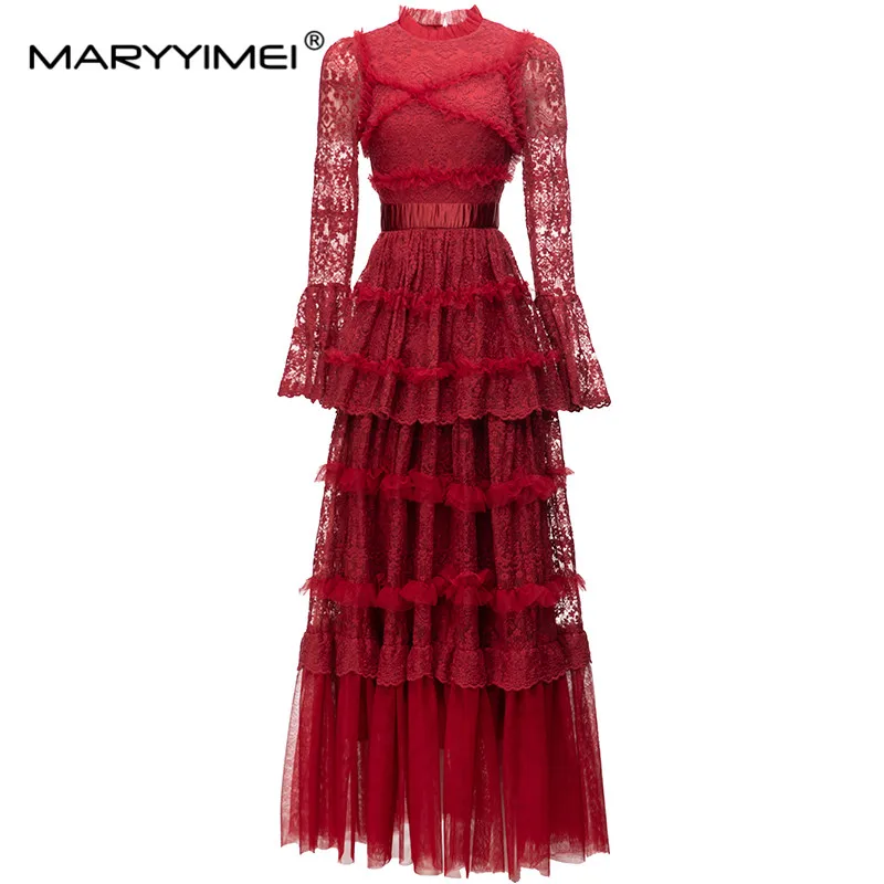 

MARYYIMEI Fashion Designer Spring Autumn Women's Tiered ruffles dress Long sleeved Embroidered Slim Elegant Dresses