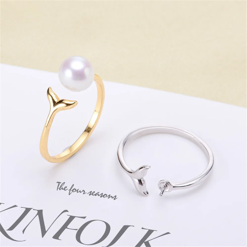 

DIY Pearl Ring Accessory S925 Sterling Silver Ring Empty Holder Fish Tail K Gold Version Ring Holder Fit 6-9mm Round Flat Beads