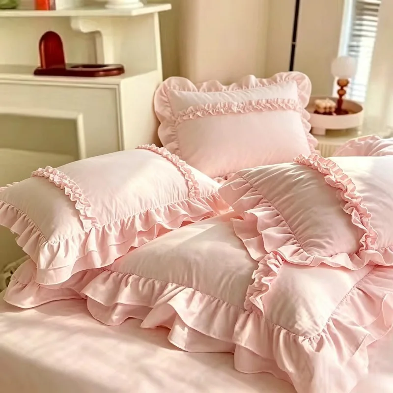 3Pcs Pink Ruffle Girls Duvet Cover Set, Premium Soft Breathable fabric for all seaons 1Duvet Cover +2 Pillowcases Single Double
