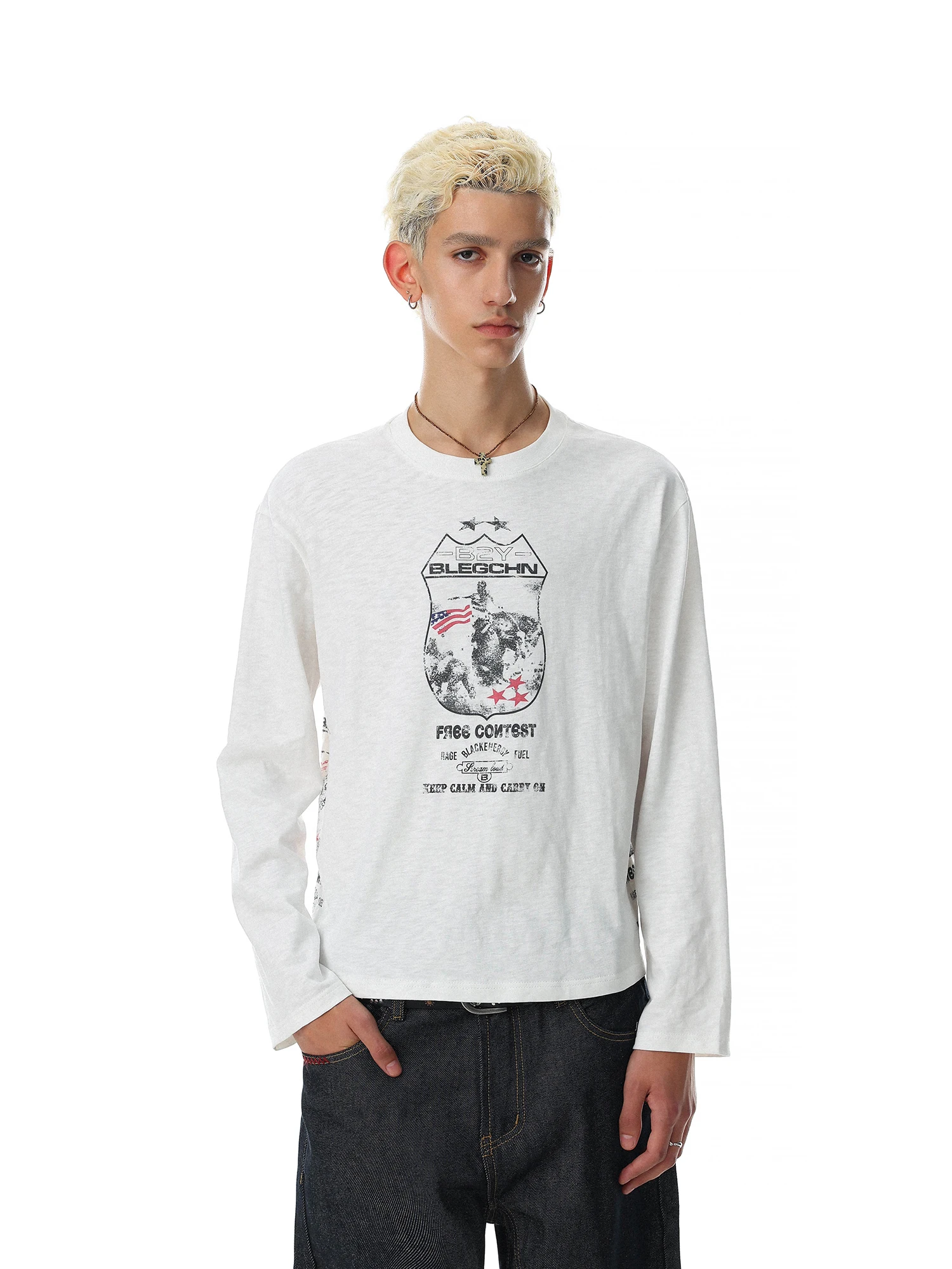 Loose Fit Long Sleeve T-Shirt round Neck Unisex Vintage Print Comfortable Breathable Cotton Top for Men And Women