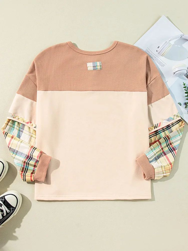 GIBSIE Plus Size Plaid Splicing Long Sleeved T-shirt For Women 2025 Autumn O-Neck Button Front Casual Loose Matching Tee Tops