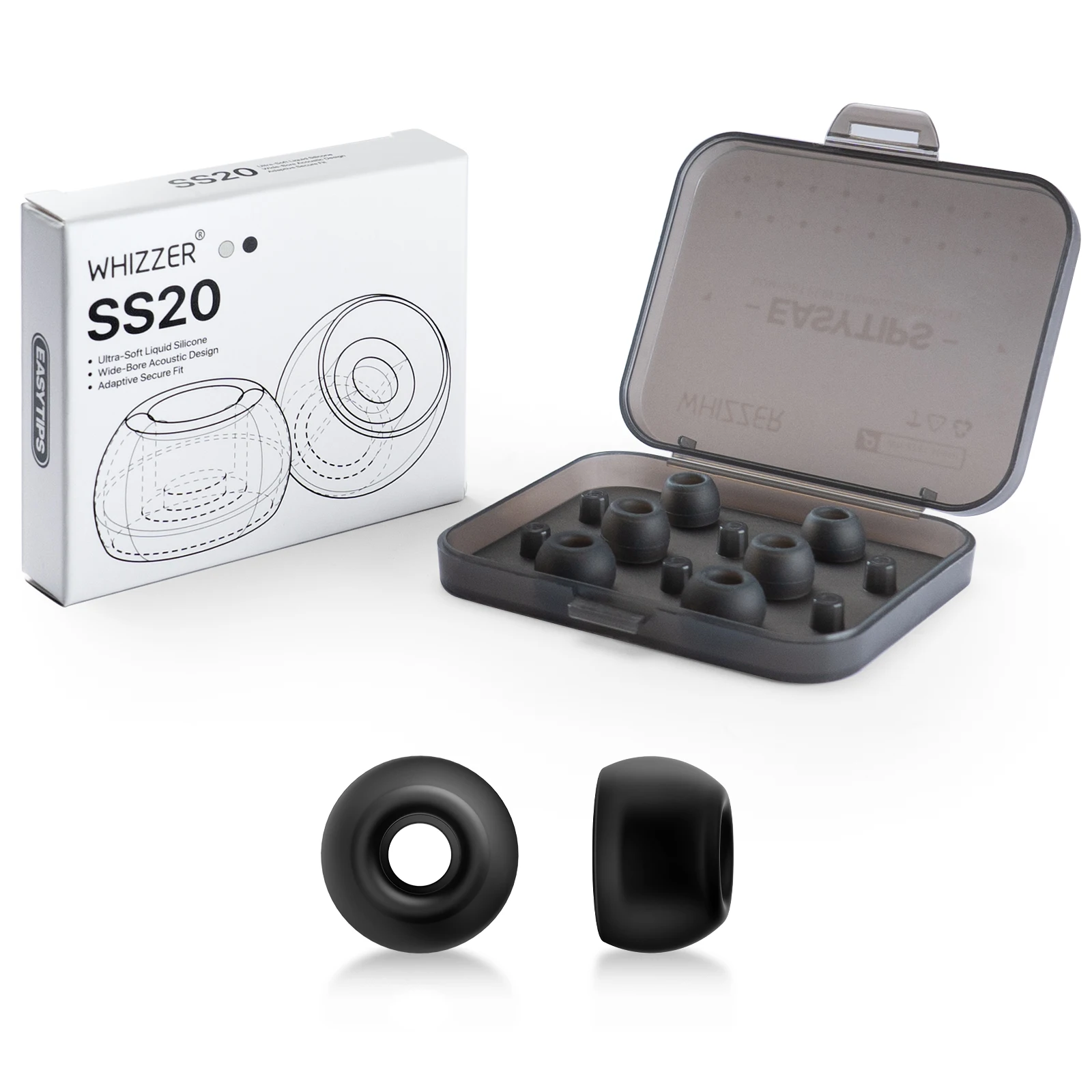 WHIZZER SS20 Silicone Ear Tips Earbuds for In-Ear Monitors Ultra-Soft Wide-Bore Matte Black White XS S M L Set with Case