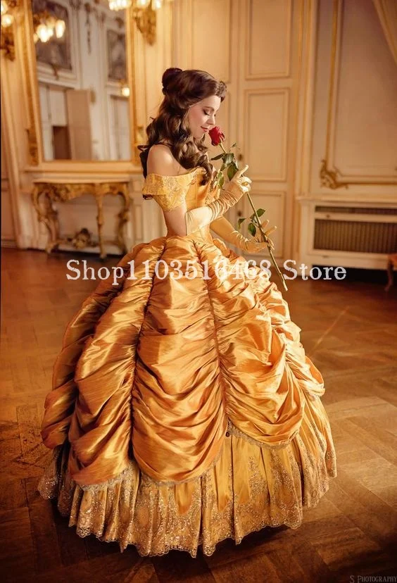 Gold Historical Victorian Prom Dress Dreamy One Shoulder Satin Corset Corset Pleated Fairytale Princess Party Evening Gowns