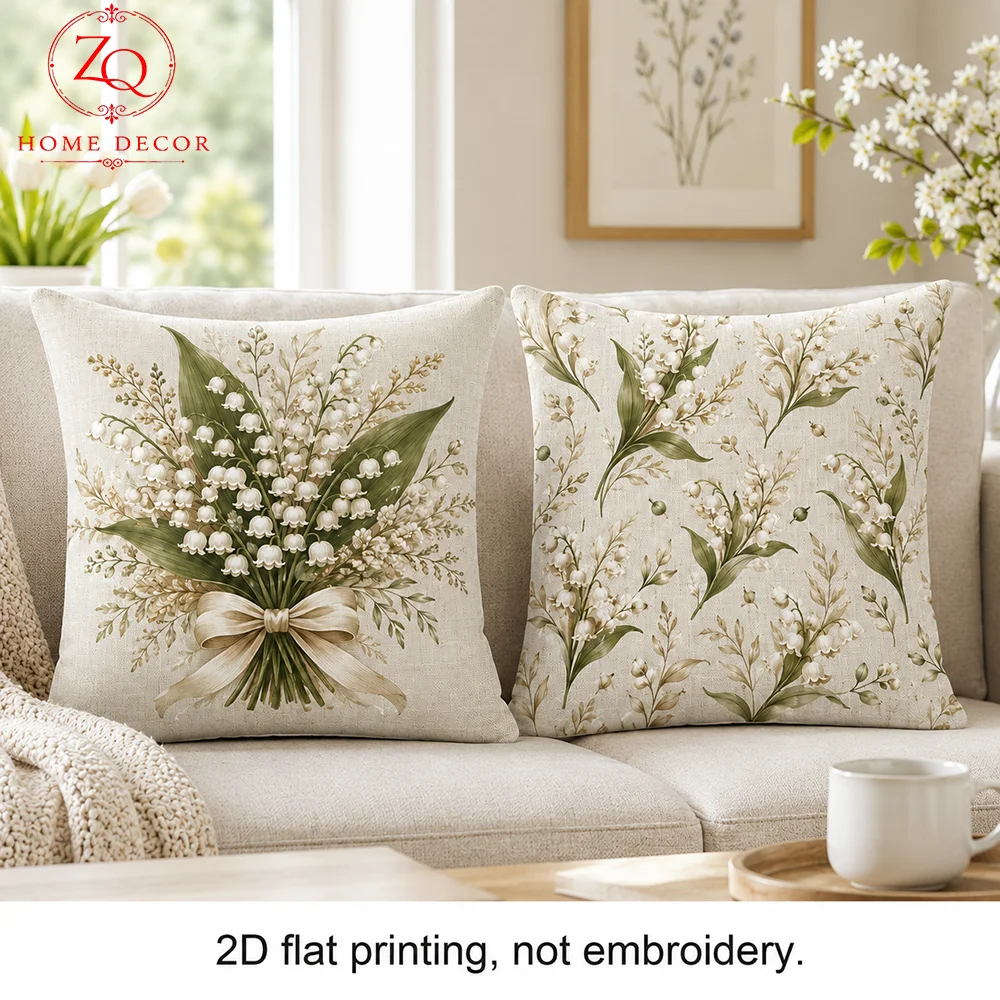 2 Pcs Lily Of The Valley Cushion Covers 2D Flat Printed Peach Skin Room Decor Coussin Aesthetic Throw Pillowcase Sofa